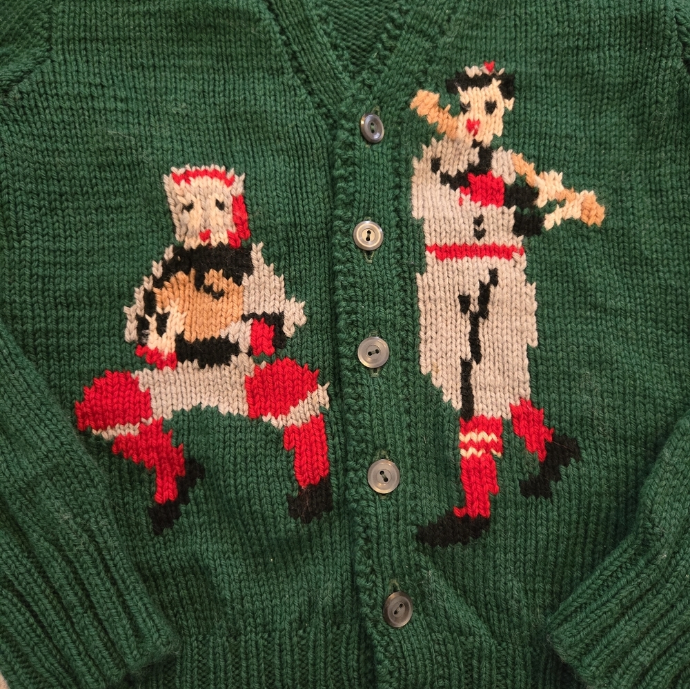 Vintage 1990s Handmade Green Baseball Knit Cardigan Sweater - Picture 3 of 5